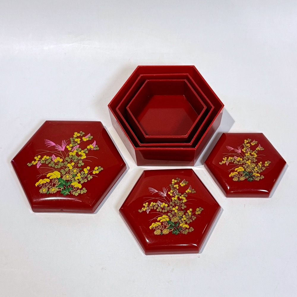 Vintage Hong Kong Nesting Hexagon Floral Trinket Jewelry Boxes Burgundy Plastic
